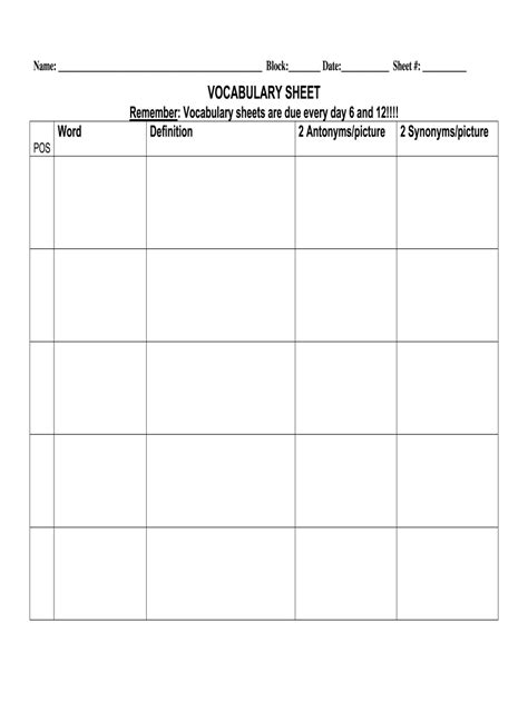 vocabulary template  fill  printable fillable blank