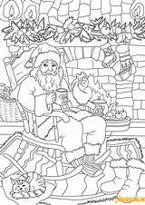 Coloring Pages Santa Claus Fireplace Drinking Tea While Christmas Soaking Cookie Front Holidays Drawing Printable sketch template