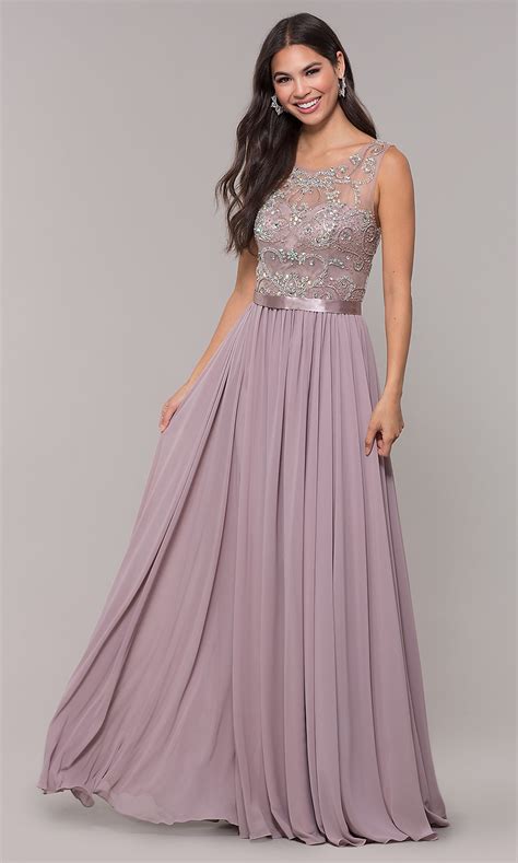 Beaded Bodice Mocha Purple Chiffon Prom Dress