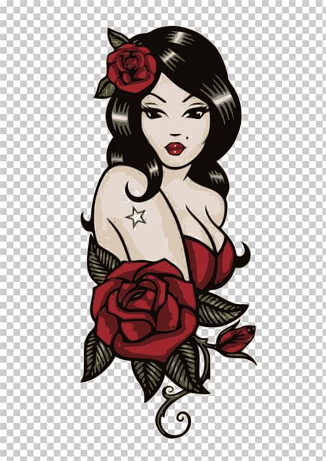 Mujer Con Rosa Roja Flores Ilustración Vieja Escuela