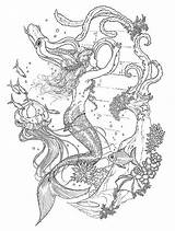 Mermaid Coloring Drawing Ink Pages Fantasy Adults Curious Ocean Fairy Tale Coral Fish Instant Tattoo Visit Vintage sketch template