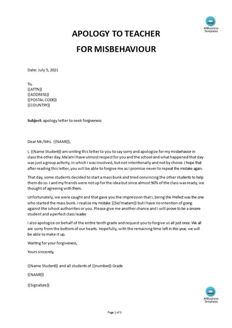 kostenloses apology letter  teacher template