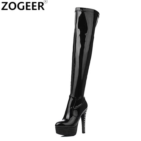 Hot Women Boots Patent Leather Over The Knee Boots Black White Sexy