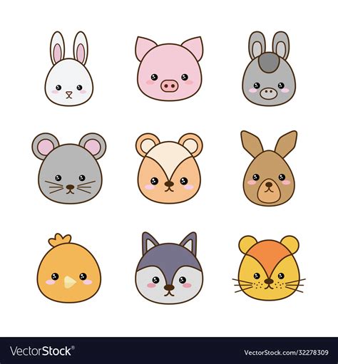 cute kawaii animals cartoons   fill style vector image