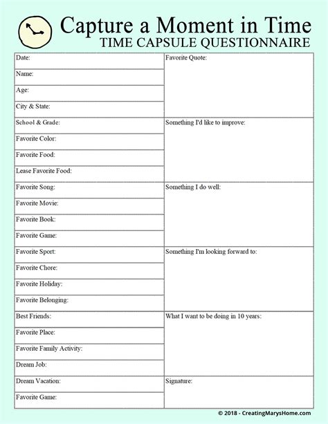 time capsule questions  printable  creatingmaryshome time worksheets