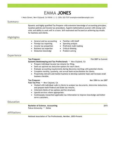 tax preparer resume  livecareer
