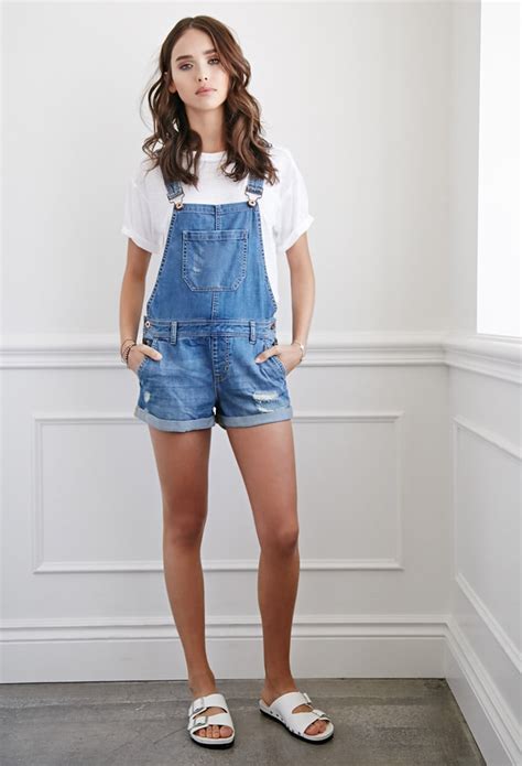Forever 21 Distressed Denim Overall Shorts In Blue Lyst