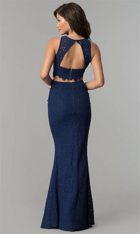 Lace Navy Blue Two Piece Long Prom Dress Promgirl