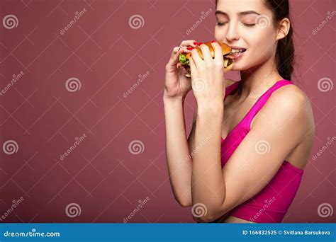 Hungry Girl Eating Cheeseburger Stock Image Image Of Holding Junk