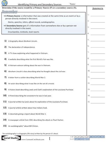 common core worksheets primary  secondary sources secondary