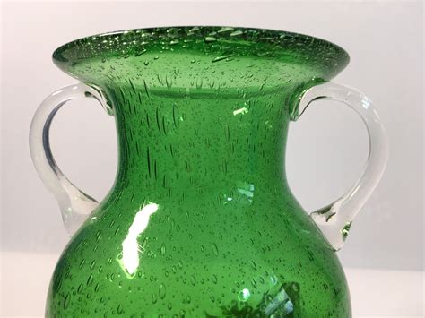 Vintage Art Glass Vase Emerald Green Bubble Glass W Clear Handles