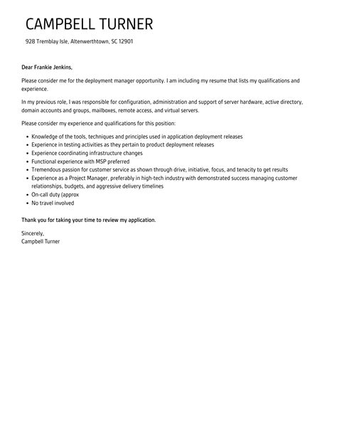 deployment manager cover letter velvet jobs