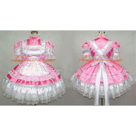 sexy sissy maid satin pink dress lockable uniform cosplay costume
