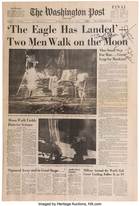 apollo  crew signed washington post moon landing newspaper lot