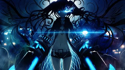 blue eyes long hair black rock shooter anime anime girls glowing eyes dark