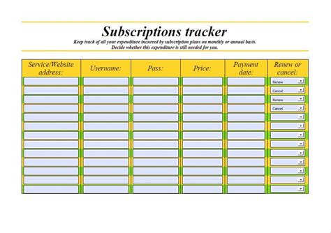 subscription tracker template editable management form  etsy