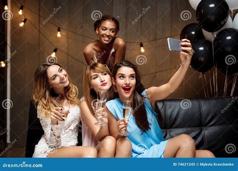 Four Beautiful Girls Making Selfie At Party Stock Image Image Of