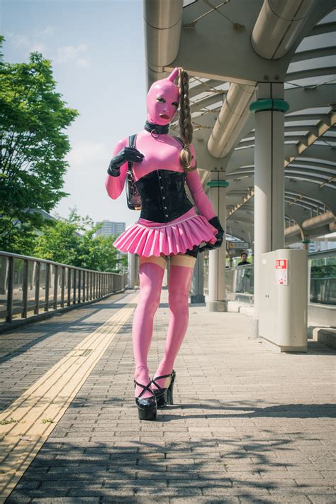 Pink Latex Rubber Clothing With Black Randoseru In Public