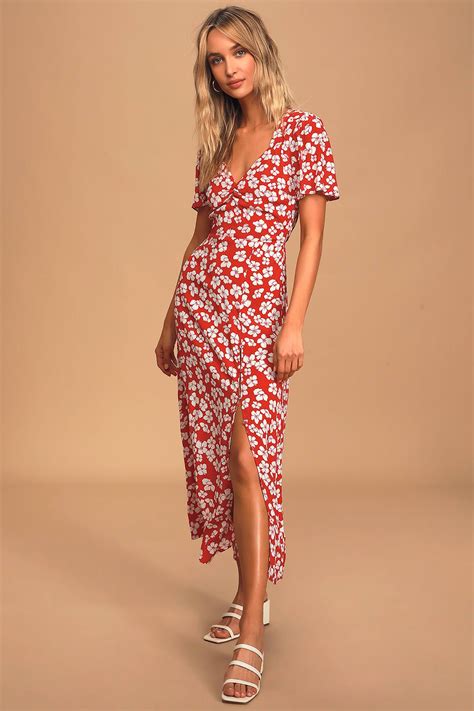 between you and i red floral print short sleeve midi dress