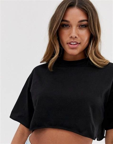 asos design super crop  shirt  raw edge  black asos asos curve fashion  womens