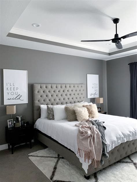 tray ceiling  matte black fan neutral master bedroom gray blush