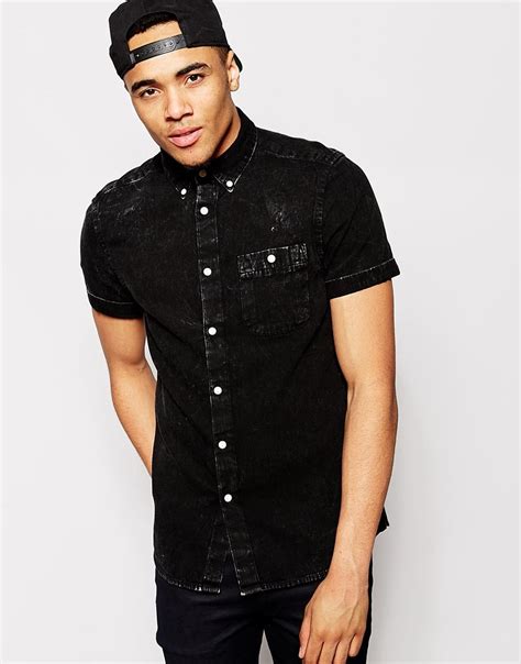 asos denim shirt  short sleeve  black overdye mens  book  denim shirt asos