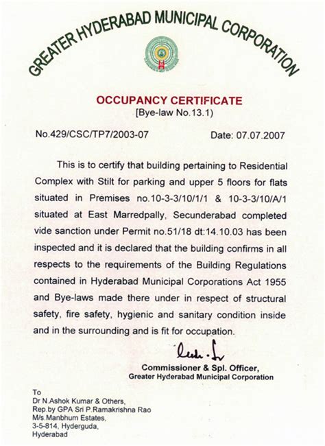building occupancy certificate ghmc tutore master
