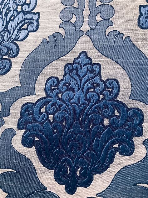 designer burnout damask satin upholstery fabric blue natural bty