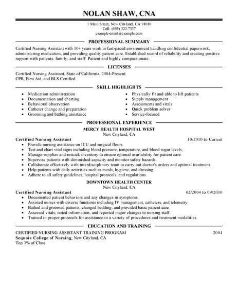 Best Nursing Aide And Assistant Resume Example From Professional Resume