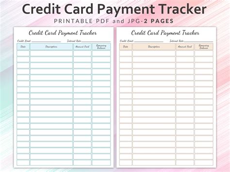 printable credit card payment tracker credit card payment etsy