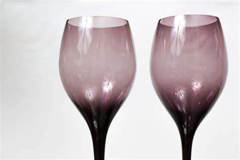 Pair Wine Glasses Amethyst Purple Stemware Retro Barware Glassware