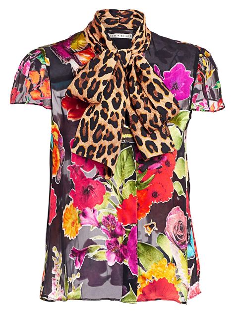 alice olivia jeanie floral and leopard print silk blend blouse lyst