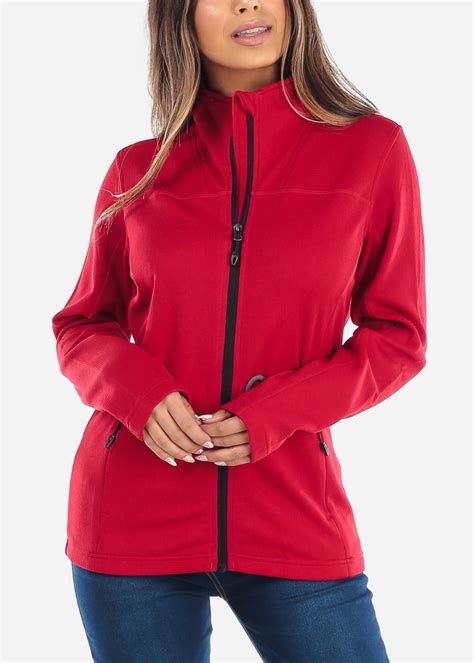 moda xpress womens long sleeve jacket zip  high neck workout red