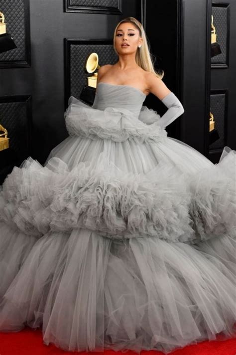 Ariana Grande Grey Layered Tulle Ball Gown Dress Grammys