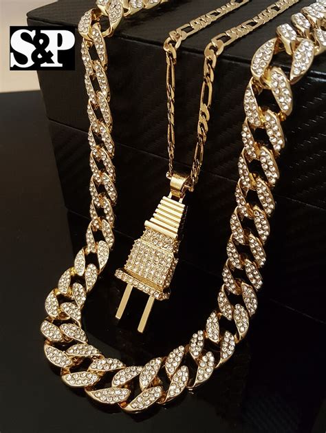 Men Iced Out Hip Hop Rapper Cz Power Plug And Miami Cuban Chain Necklace