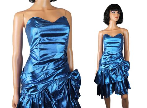 prom dress jrs  xs vintage metallic blue strapless etsy dresses  prom dress