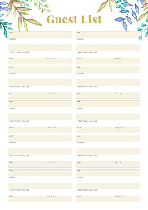 wedding guest list template printable