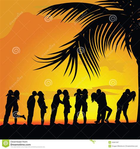 Couples Kissing Under Palm Trees Vector Silhouette Stock