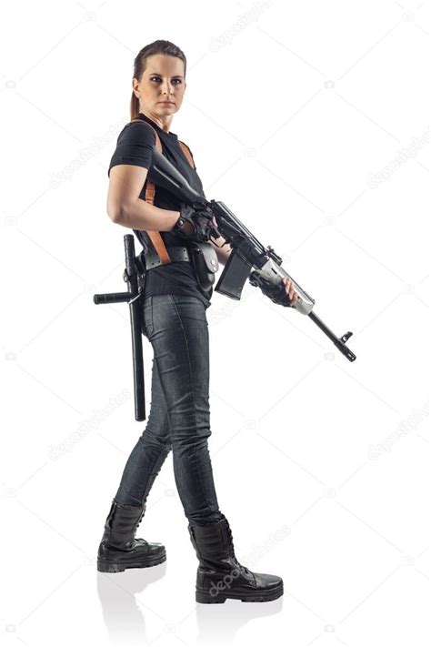 Woman Police Officer Is Holding Kalashnikov Isolated On