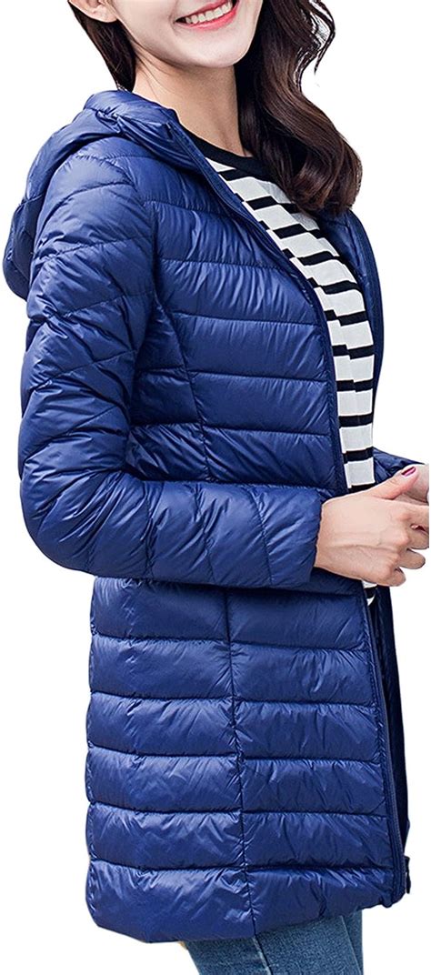 laemilia womens  size lightweight puffer coat packable hooded long  outwear jacket blue