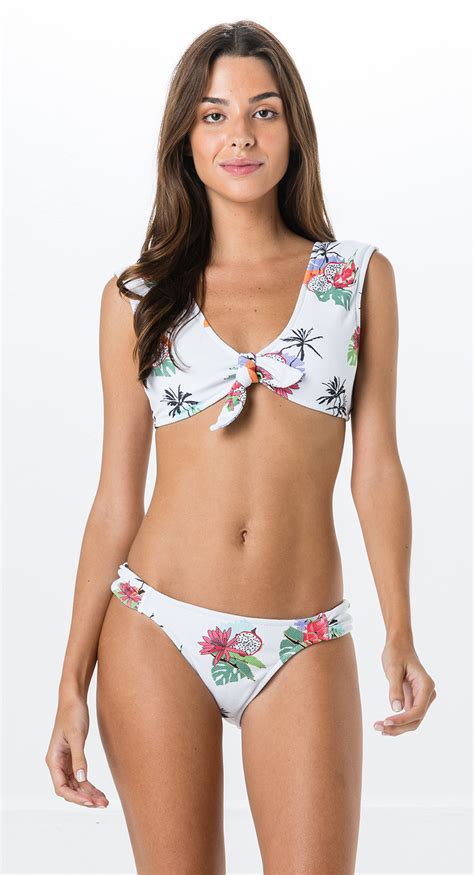 white bra bikini in tropical print with fixed bottom lateral pitaya