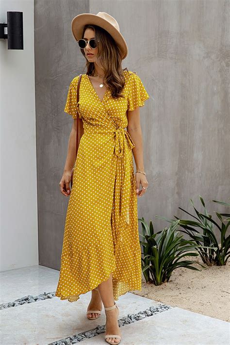 polka dot wrap dress with v neck and short sleeve in 2020