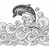 Coloring Pages Zentangle Dolphin Waves Adult Animal Sea Vector Drawing Book Pattern Getdrawings sketch template
