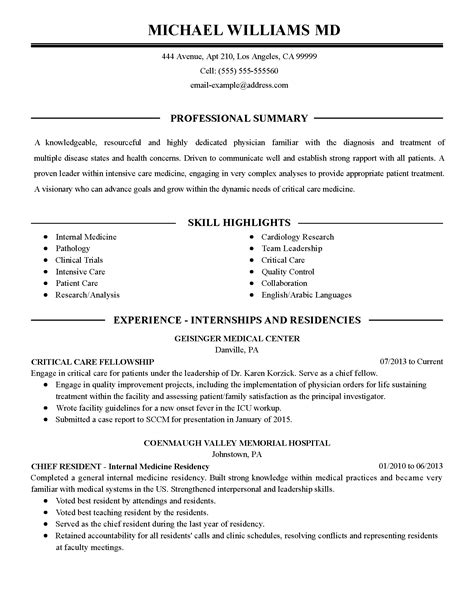 intensive care physician resume  myperfectresume