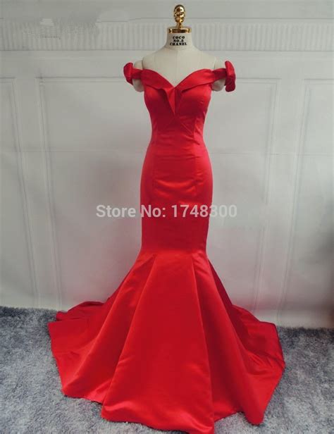 100 Real Image High V Neck Long Mermaid Red Satin Evening Prom Dress
