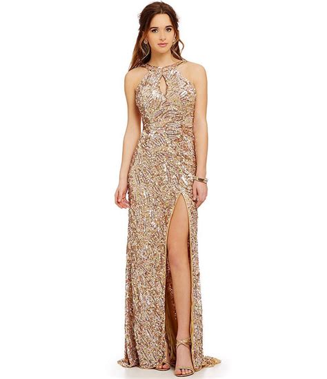 mac  mac duggal metallic sequin high neckline cowl open  gown dillards prom dress