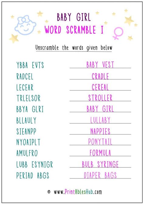 printable baby girl word scramble   answers key included