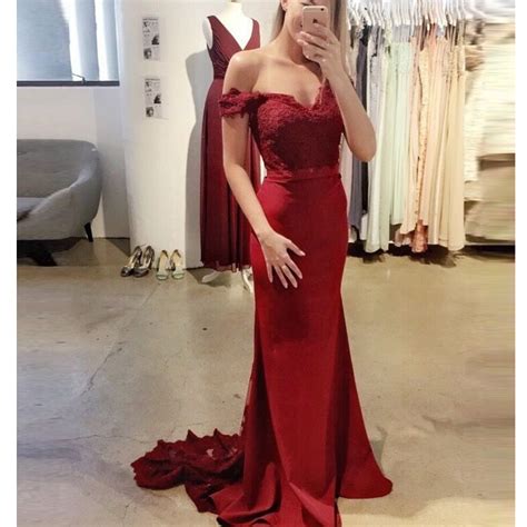 wine red off the shoulder prom dress pageant gown with lace appliques bodice · queenparty