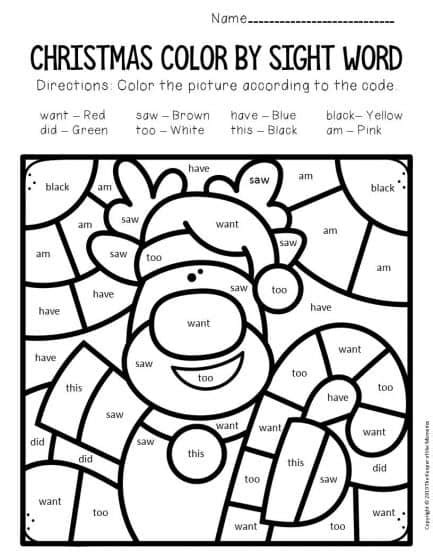 color  sight word christmas kindergarten worksheets