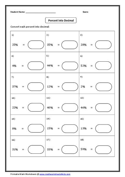 percent into decimal worksheet for 4th 6th grade lesson planet
